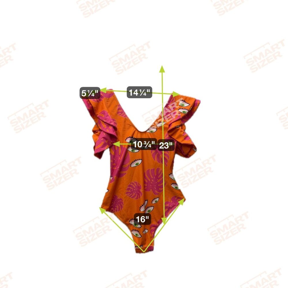 Orange & Pink Ruffled One-Piece Swimsuit With Eye & Leaf Print bathing suit XL - Picture 3 of 4